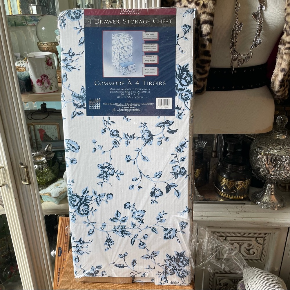 Tuscany 4 drawer storage chest blue & white floral vintage organizer nwt cottage